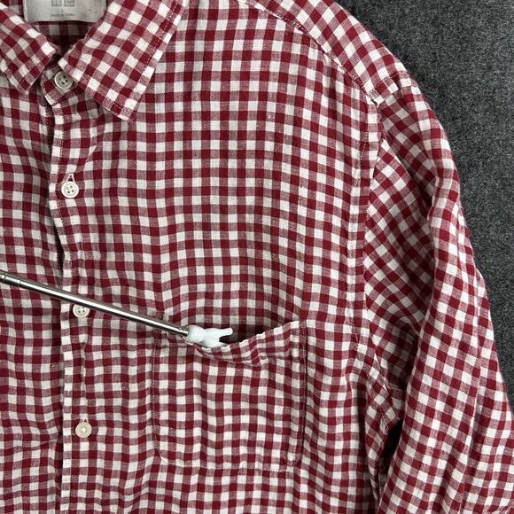 Uniqlo Shirt Men’s Large Red White Checkered 100% Linen Pocket Casual Summer - Picture 3 of 10